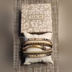 SAACHI Neutral Multi-Row Leather & Bead Bracelet - Beige, Gold, Cream